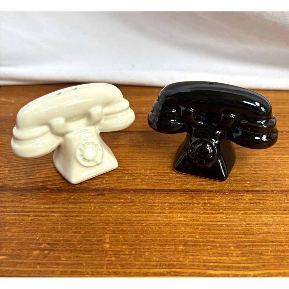 1981 Ceramic Telephone Salt & Pepper Shakers Black White Set of 2